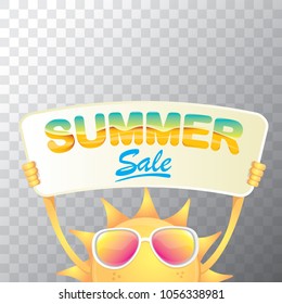summer sale vector label or web banner. summer happy sun character holding sign or banner with special offer sale text isolated on transparent background