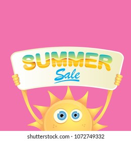 summer sale vector label or web banner. summer happy sun character holding sign or banner with special offer sale text isolated on pink background