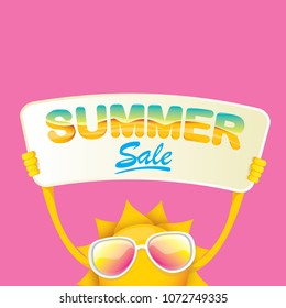 summer sale vector label or web banner. summer happy sun character holding sign or banner with special offer sale text isolated on pink background