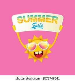 summer sale vector label or web banner. summer happy sun character holding sign or banner with special offer sale text isolated on pink background