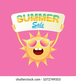 summer sale vector label or web banner. summer happy sun character holding sign or banner with special offer sale text isolated on pink background