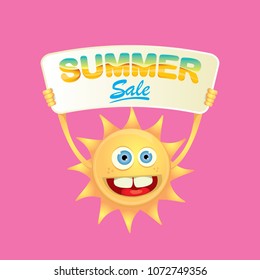 summer sale vector label or web banner. summer happy sun character holding sign or banner with special offer sale text isolated on pink background