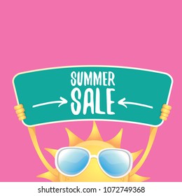 summer sale vector label or web banner. summer happy sun character holding sign or banner with special offer sale text isolated on pink background