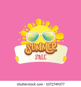 summer sale vector label or web banner. summer happy sun character holding sign or banner with special offer sale text isolated on pink background