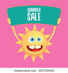 summer sale vector label or web banner. summer happy sun character holding sign or banner with special offer sale text isolated on pink background