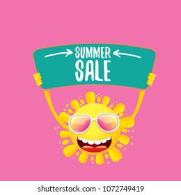 summer sale vector label or web banner. summer happy sun character holding sign or banner with special offer sale text isolated on pink background