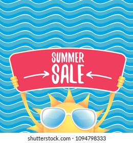 summer sale vector label or web banner. summer happy sun character holding sign or banner with special offer sale text isolated on blue wave background