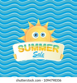summer sale vector label or web banner. summer happy sun character holding sign or banner with special offer sale text isolated on blue wave background