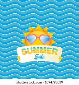 summer sale vector label or web banner. summer happy sun character holding sign or banner with special offer sale text isolated on blue wave background