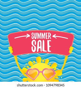 summer sale vector label or web banner. summer happy sun character holding sign or banner with special offer sale text isolated on blue wave background