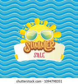 summer sale vector label or web banner. summer happy sun character holding sign or banner with special offer sale text isolated on blue wave background