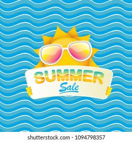 summer sale vector label or web banner. summer happy sun character holding sign or banner with special offer sale text isolated on blue wave background