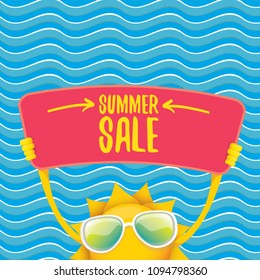 summer sale vector label or web banner. summer happy sun character holding sign or banner with special offer sale text isolated on blue wave background