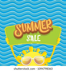 summer sale vector label or web banner. summer happy sun character holding sign or banner with special offer sale text isolated on blue wave background