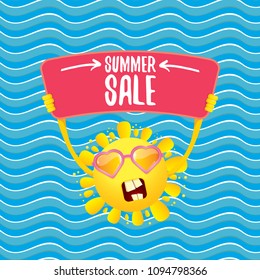 summer sale vector label or web banner. summer happy sun character holding sign or banner with special offer sale text isolated on blue wave background