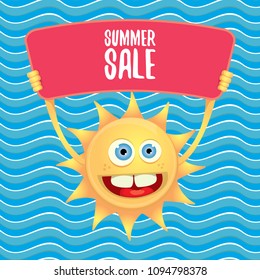 summer sale vector label or web banner. summer happy sun character holding sign or banner with special offer sale text isolated on blue wave background