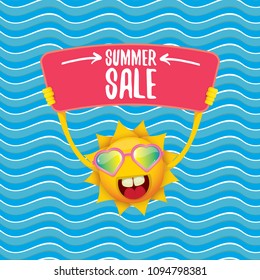 summer sale vector label or web banner. summer happy sun character holding sign or banner with special offer sale text isolated on blue wave background