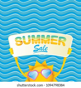 summer sale vector label or web banner. summer happy sun character holding sign or banner with special offer sale text isolated on blue wave background