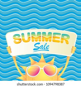 summer sale vector label or web banner. summer happy sun character holding sign or banner with special offer sale text isolated on blue wave background