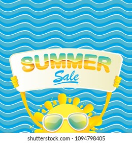 summer sale vector label or web banner. summer happy sun character holding sign or banner with special offer sale text isolated on blue wave background