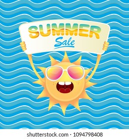 summer sale vector label or web banner. summer happy sun character holding sign or banner with special offer sale text isolated on blue wave background