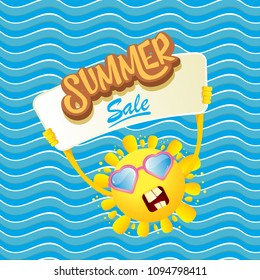 summer sale vector label or web banner. summer happy sun character holding sign or banner with special offer sale text isolated on blue wave background