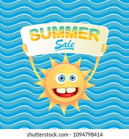 summer sale vector label or web banner. summer happy sun character holding sign or banner with special offer sale text isolated on blue wave background
