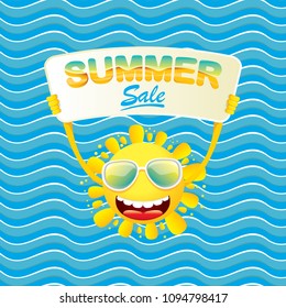 summer sale vector label or web banner. summer happy sun character holding sign or banner with special offer sale text isolated on blue wave background