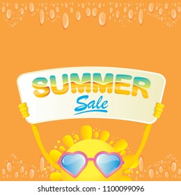 summer sale vector label or web banner. summer happy sun character holding sign or banner with special offer sale text isolated on orange background
