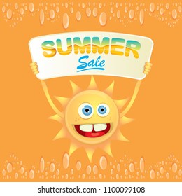 summer sale vector label or web banner. summer happy sun character holding sign or banner with special offer sale text isolated on orange background