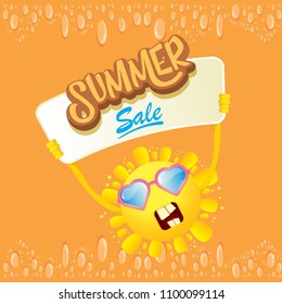 summer sale vector label or web banner. summer happy sun character holding sign or banner with special offer sale text isolated on orange background
