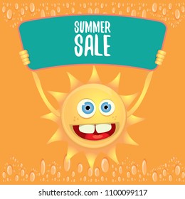 summer sale vector label or web banner. summer happy sun character holding sign or banner with special offer sale text isolated on orange background