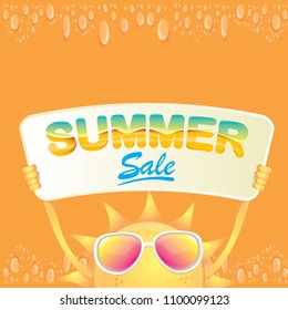 summer sale vector label or web banner. summer happy sun character holding sign or banner with special offer sale text isolated on orange background