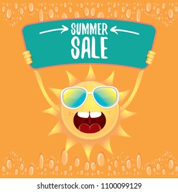 summer sale vector label or web banner. summer happy sun character holding sign or banner with special offer sale text isolated on orange background