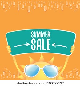 summer sale vector label or web banner. summer happy sun character holding sign or banner with special offer sale text isolated on orange background