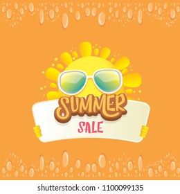 summer sale vector label or web banner. summer happy sun character holding sign or banner with special offer sale text isolated on orange background