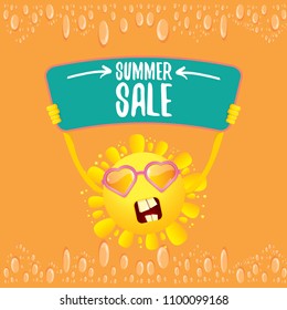 summer sale vector label or web banner. summer happy sun character holding sign or banner with special offer sale text isolated on orange background
