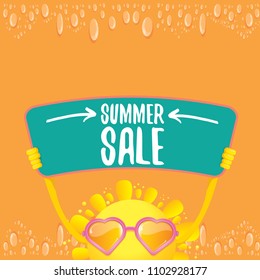 summer sale vector label or web banner. summer happy sun character holding sign or banner with special offer sale text isolated on orange background