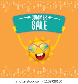 summer sale vector label or web banner. summer happy sun character holding sign or banner with special offer sale text isolated on orange background