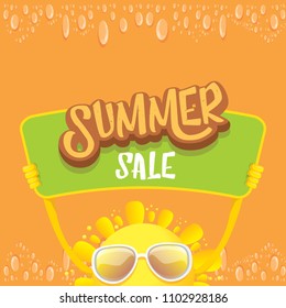 summer sale vector label or web banner. summer happy sun character holding sign or banner with special offer sale text isolated on orange background