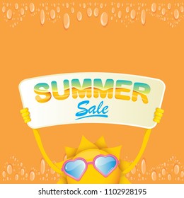summer sale vector label or web banner. summer happy sun character holding sign or banner with special offer sale text isolated on orange background