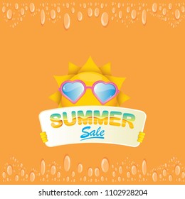 summer sale vector label or web banner. summer happy sun character holding sign or banner with special offer sale text isolated on orange background