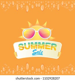 summer sale vector label or web banner. summer happy sun character holding sign or banner with special offer sale text isolated on orange background