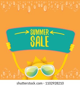 summer sale vector label or web banner. summer happy sun character holding sign or banner with special offer sale text isolated on orange background