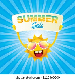 summer sale vector label or web banner. summer happy sun character holding sign or banner with special offer sale text isolated on blue background with rays of light