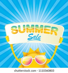 summer sale vector label or web banner. summer happy sun character holding sign or banner with special offer sale text isolated on blue background with rays of light