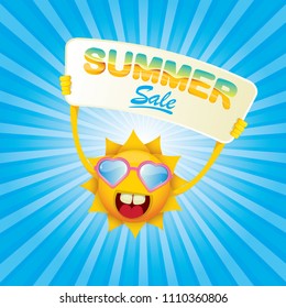 summer sale vector label or web banner. summer happy sun character holding sign or banner with special offer sale text isolated on blue background with rays of light