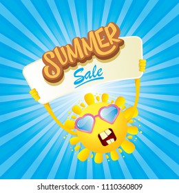 summer sale vector label or web banner. summer happy sun character holding sign or banner with special offer sale text isolated on blue background with rays of light