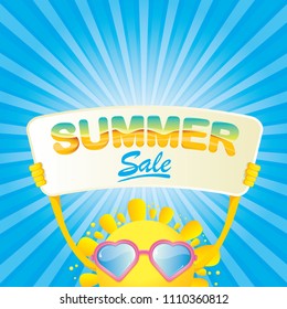 summer sale vector label or web banner. summer happy sun character holding sign or banner with special offer sale text isolated on blue background with rays of light