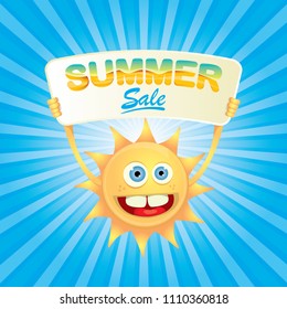 summer sale vector label or web banner. summer happy sun character holding sign or banner with special offer sale text isolated on blue background with rays of light
